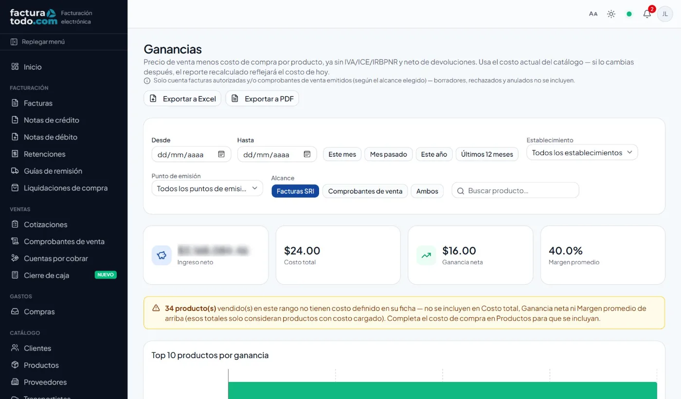 Ganancias y márgenes en Facturatodo