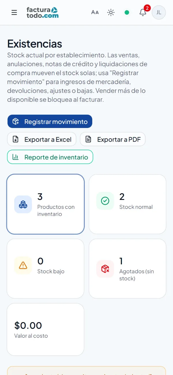 Inventario por establecimiento en el celular