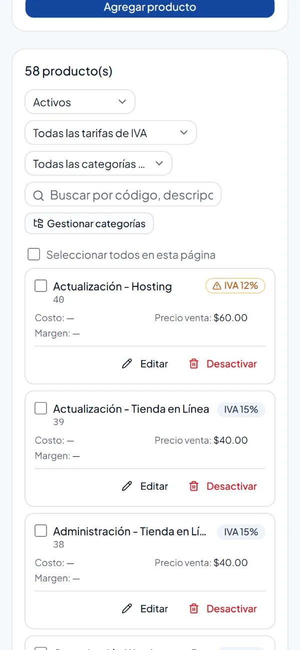 Catálogo de productos en el celular
